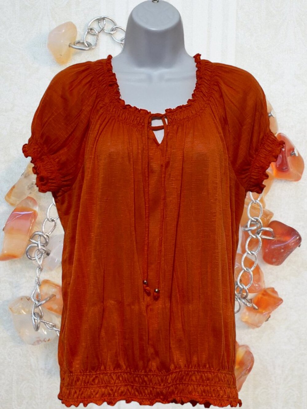Faded Glory-Women's XL Orange Pullover Top Short Sleeve Tie Neck Light Weight